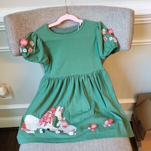 Mini Boden Green Dress with Floral and Horse Embroidery